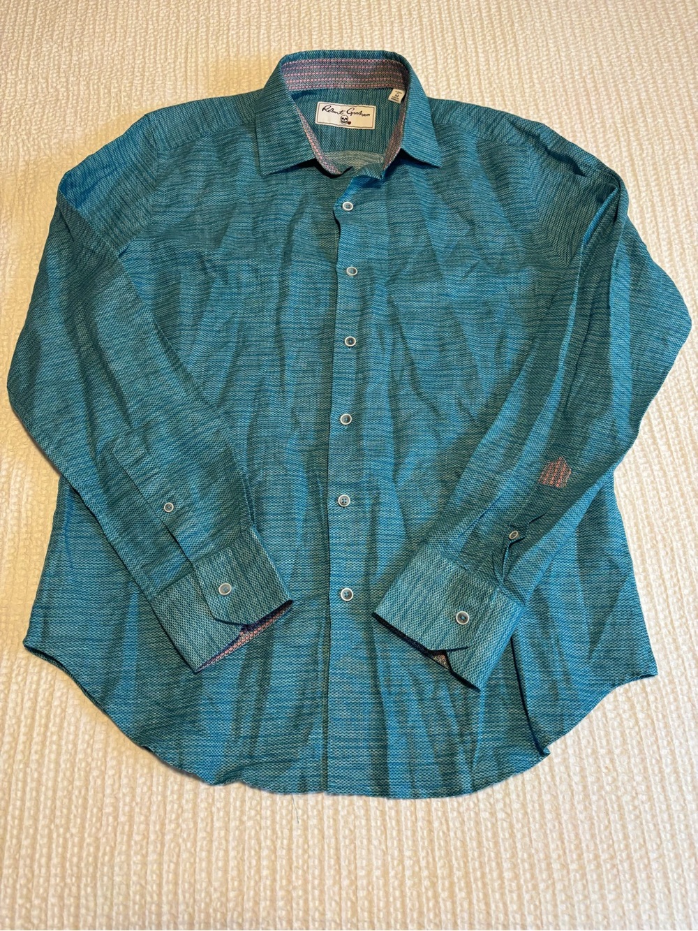 Robert Graham Brixton Button Up Turquoise Flip Cuff Linen/Cotton Shirt Size M